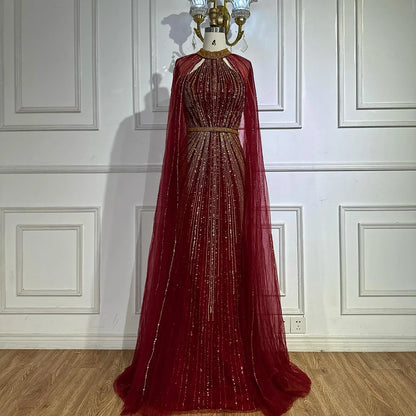 Luxury Dubai Wine Red Beaded Mermaid Saudi Evening Dress with Cape for Formal Occasion LA72707A - SERENE HILL