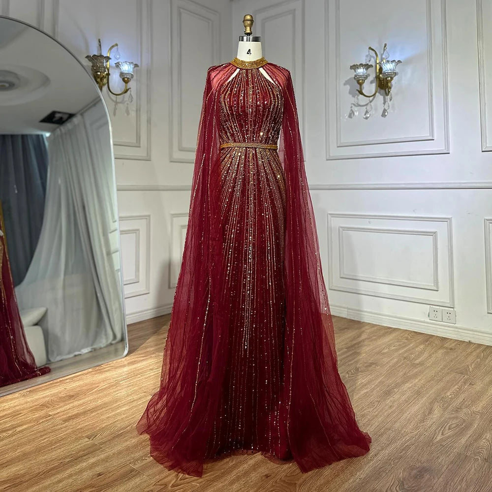 Luxury Dubai Wine Red Beaded Mermaid Saudi Evening Dress with Cape for Formal Occasion LA72707A - SERENE HILL