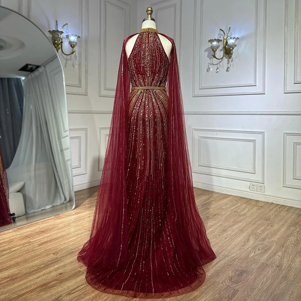 Luxury Dubai Wine Red Beaded Mermaid Saudi Evening Dress with Cape for Formal Occasion LA72707A - SERENE HILL