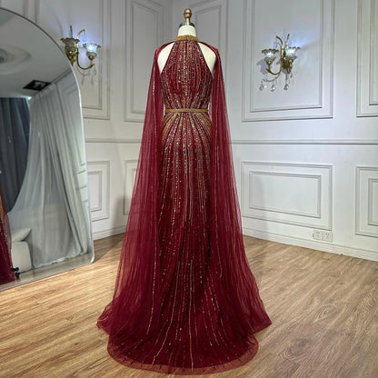 Luxury Dubai Wine Red Beaded Mermaid Saudi Evening Dress with Cape for Formal Occasion LA72707A - SERENE HILL