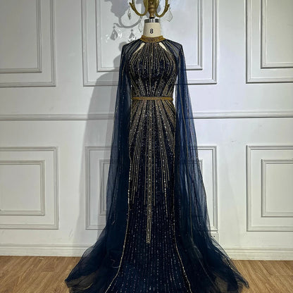 Luxury Dubai Wine Red Beaded Mermaid Saudi Evening Dress with Cape for Formal Occasion LA72707A - SERENE HILL