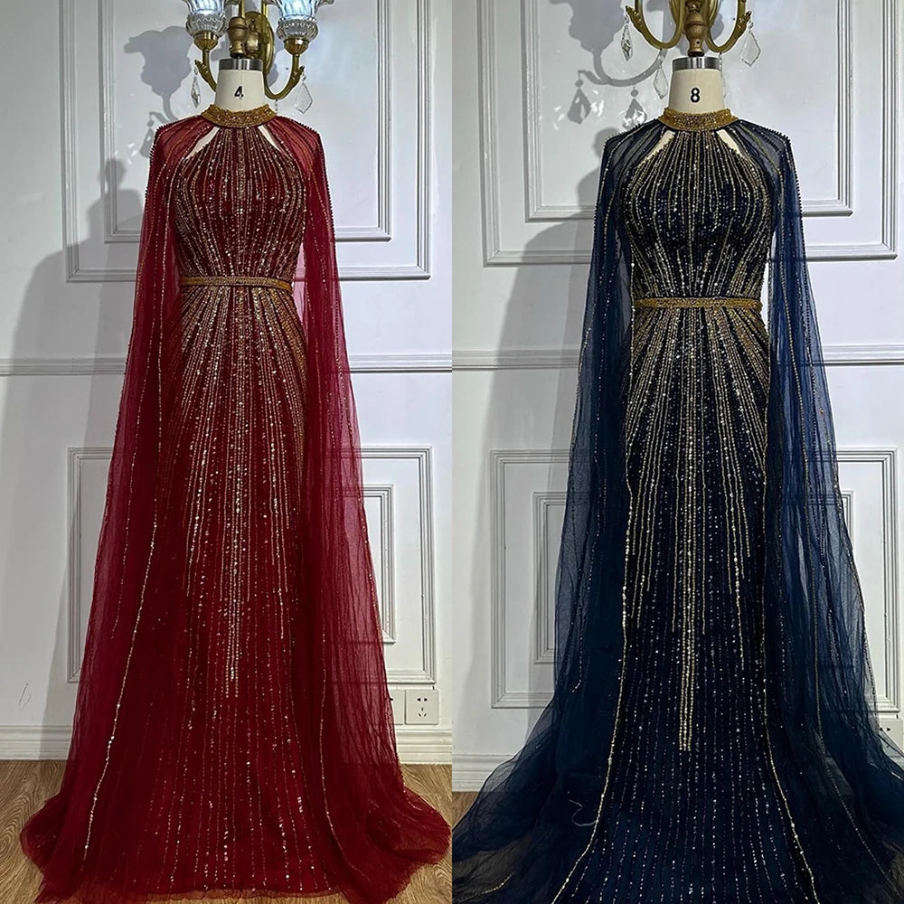 Luxury Dubai Wine Red Beaded Mermaid Saudi Evening Dress with Cape for Formal Occasion LA72707A - SERENE HILL