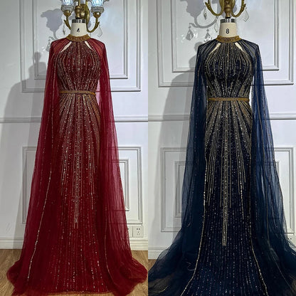 Luxury Dubai Wine Red Beaded Mermaid Saudi Evening Dress with Cape for Formal Occasion LA72707A - SERENE HILL