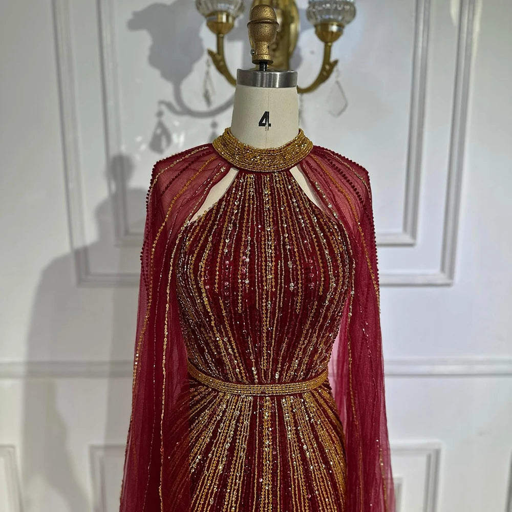Luxury Dubai Wine Red Beaded Mermaid Saudi Evening Dress with Cape for Formal Occasion LA72707A - SERENE HILL