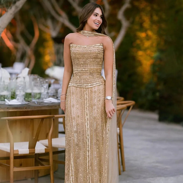 Luxury Dubai Caramel A-Line Beaded Evening Dress LA72873
