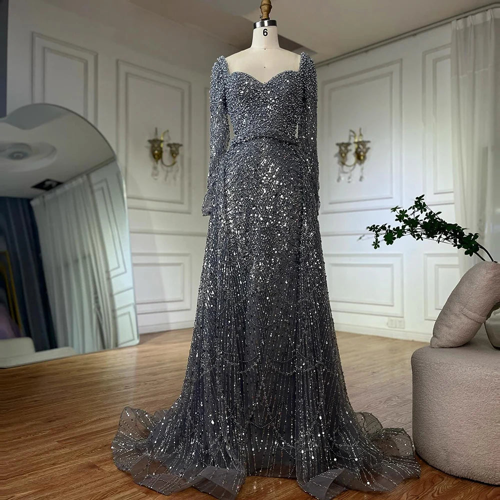 Luxury Dubai Saudi Arabic Gray Mermaid Beaded With Overskirt Evening Dresses Gowns For Formal Occasion LA72849 - SERENE HILL