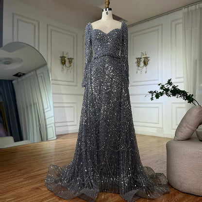 Luxury Dubai Saudi Arabic Gray Mermaid Beaded With Overskirt Evening Dresses Gowns For Formal Occasion LA72849 - SERENE HILL