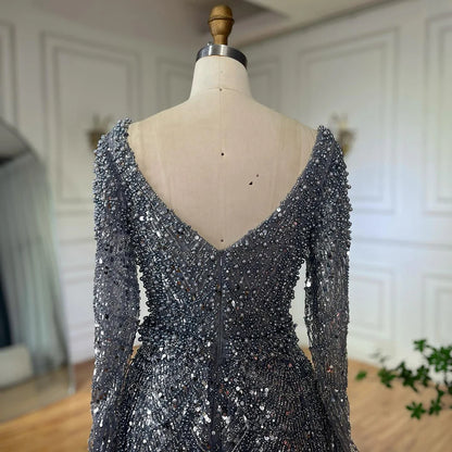 Luxury Dubai Saudi Arabic Gray Mermaid Beaded With Overskirt Evening Dresses Gowns For Formal Occasion LA72849 - SERENE HILL