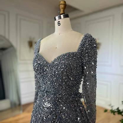 Luxury Dubai Saudi Arabic Gray Mermaid Beaded With Overskirt Evening Dresses Gowns For Formal Occasion LA72849 - SERENE HILL