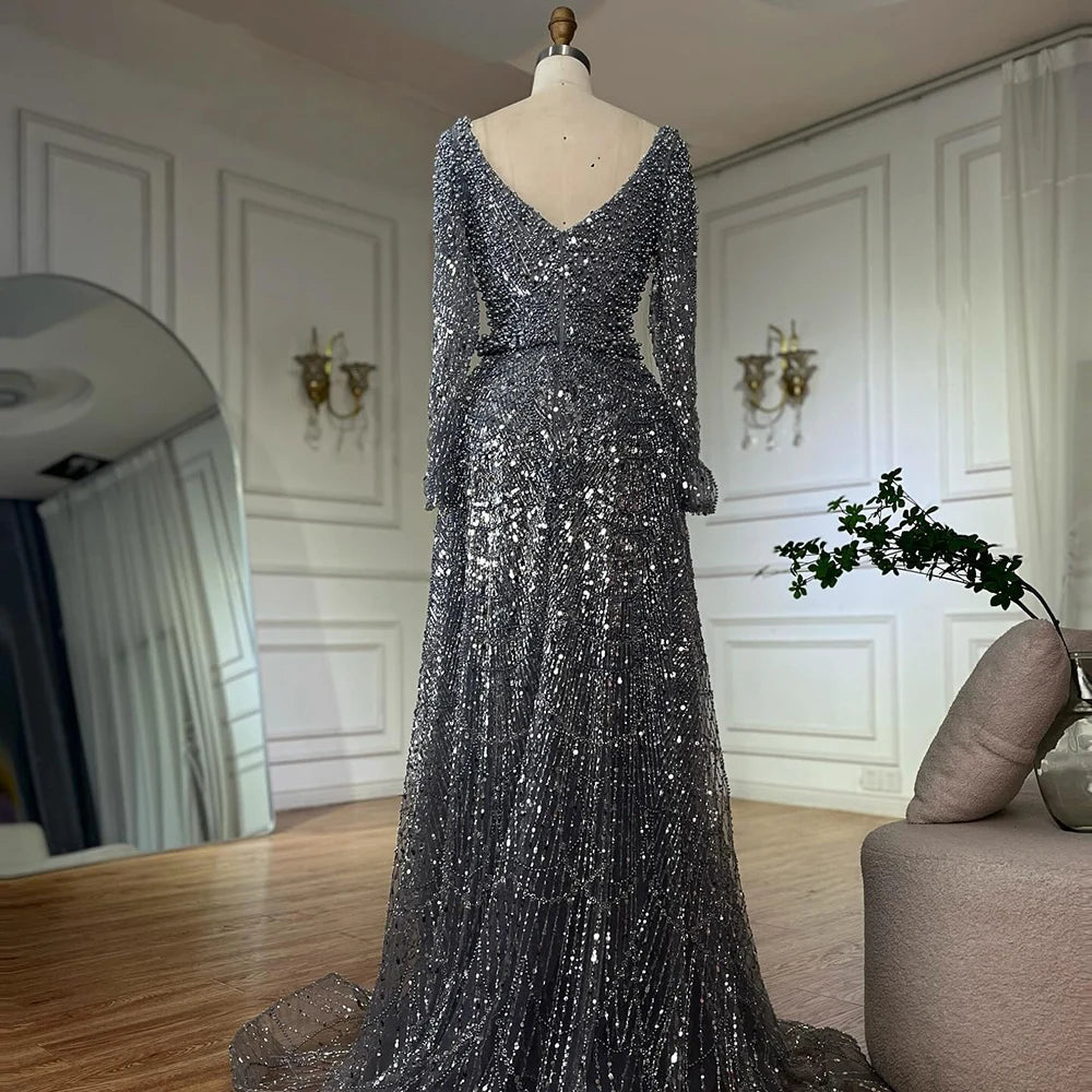 Luxury Dubai Saudi Arabic Gray Mermaid Beaded With Overskirt Evening Dresses Gowns For Formal Occasion LA72849 - SERENE HILL
