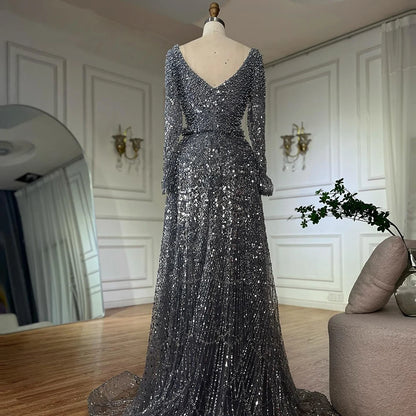 Luxury Dubai Saudi Arabic Gray Mermaid Beaded With Overskirt Evening Dresses Gowns For Formal Occasion LA72849 - SERENE HILL