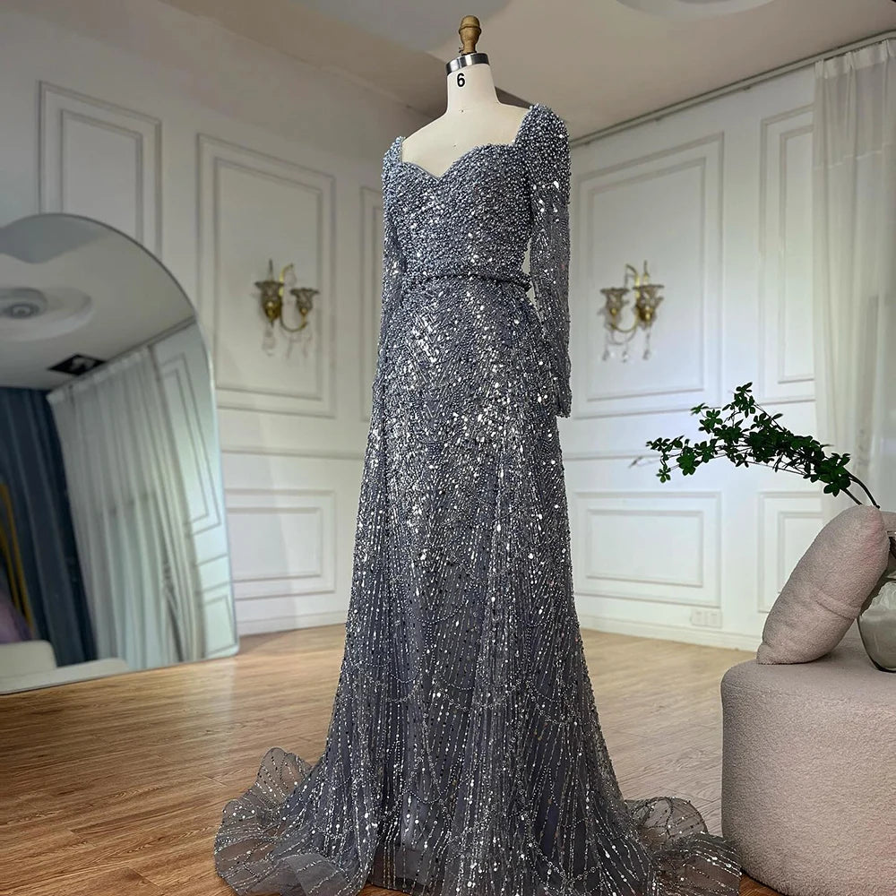 Luxury Dubai Saudi Arabic Gray Mermaid Beaded With Overskirt Evening Dresses Gowns For Formal Occasion LA72849 - SERENE HILL
