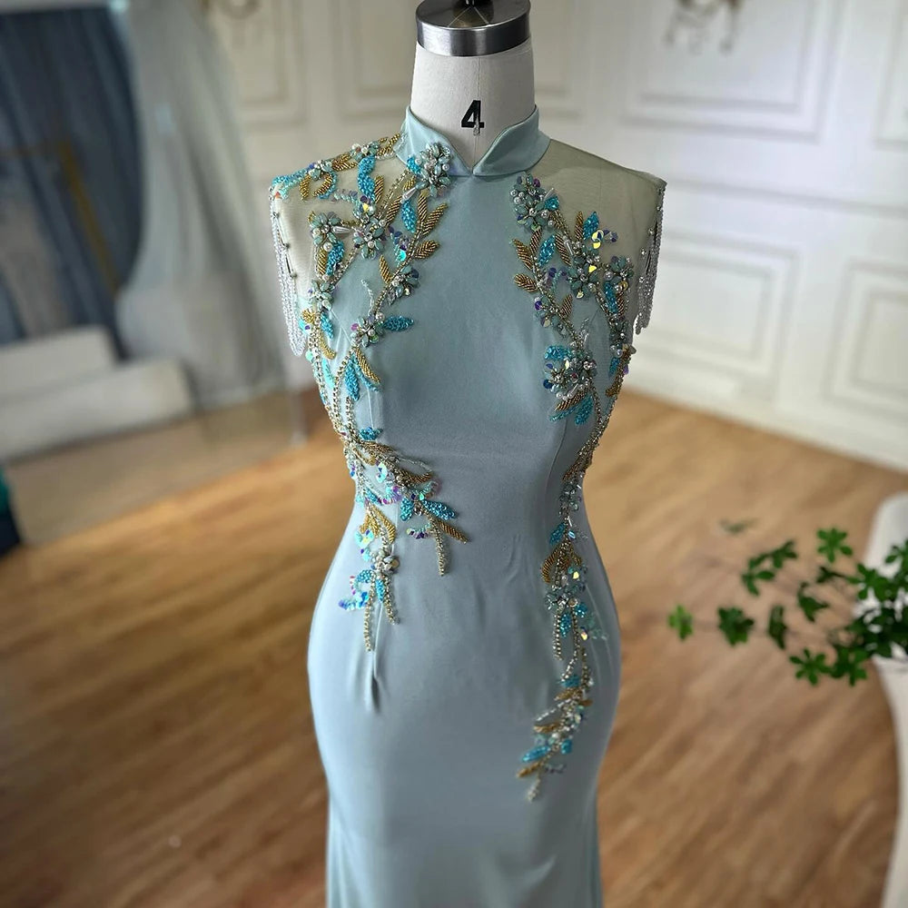 Luxury Dubai Saudi Mint Mermaid Beaded Tassel Satin Evening Dress Gown with for Formal Occasion LA72797B - SERENE HILL