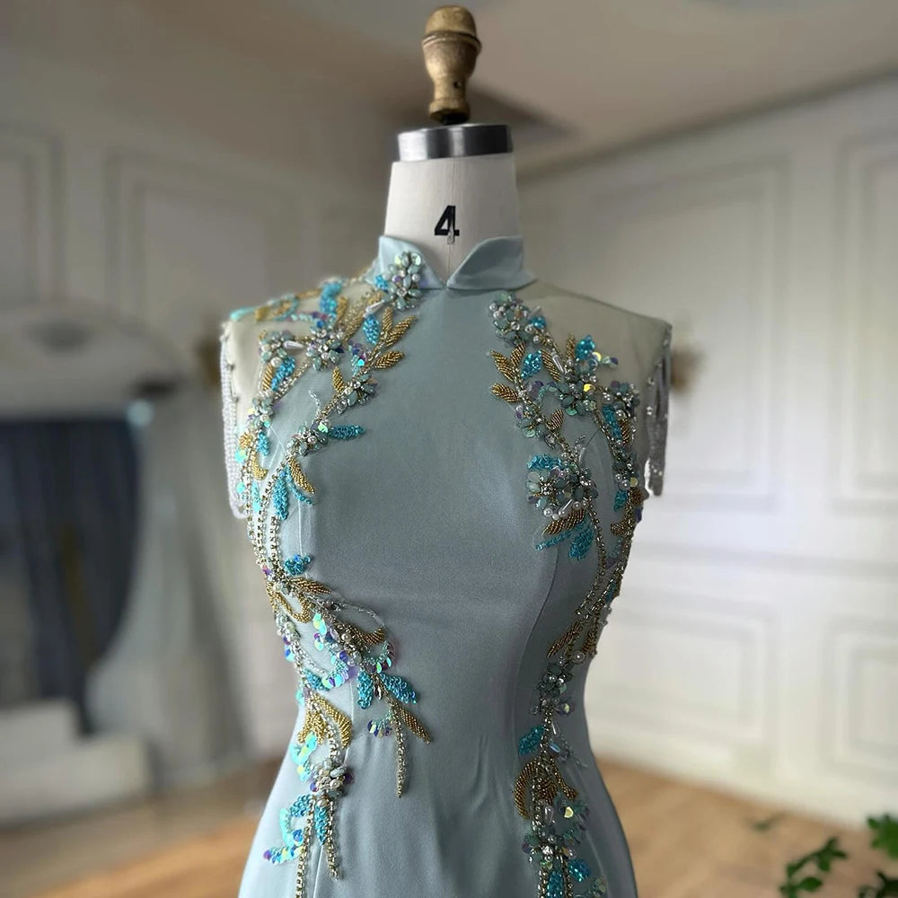 Luxury Dubai Saudi Mint Mermaid Beaded Tassel Satin Evening Dress Gown with for Formal Occasion LA72797B - SERENE HILL