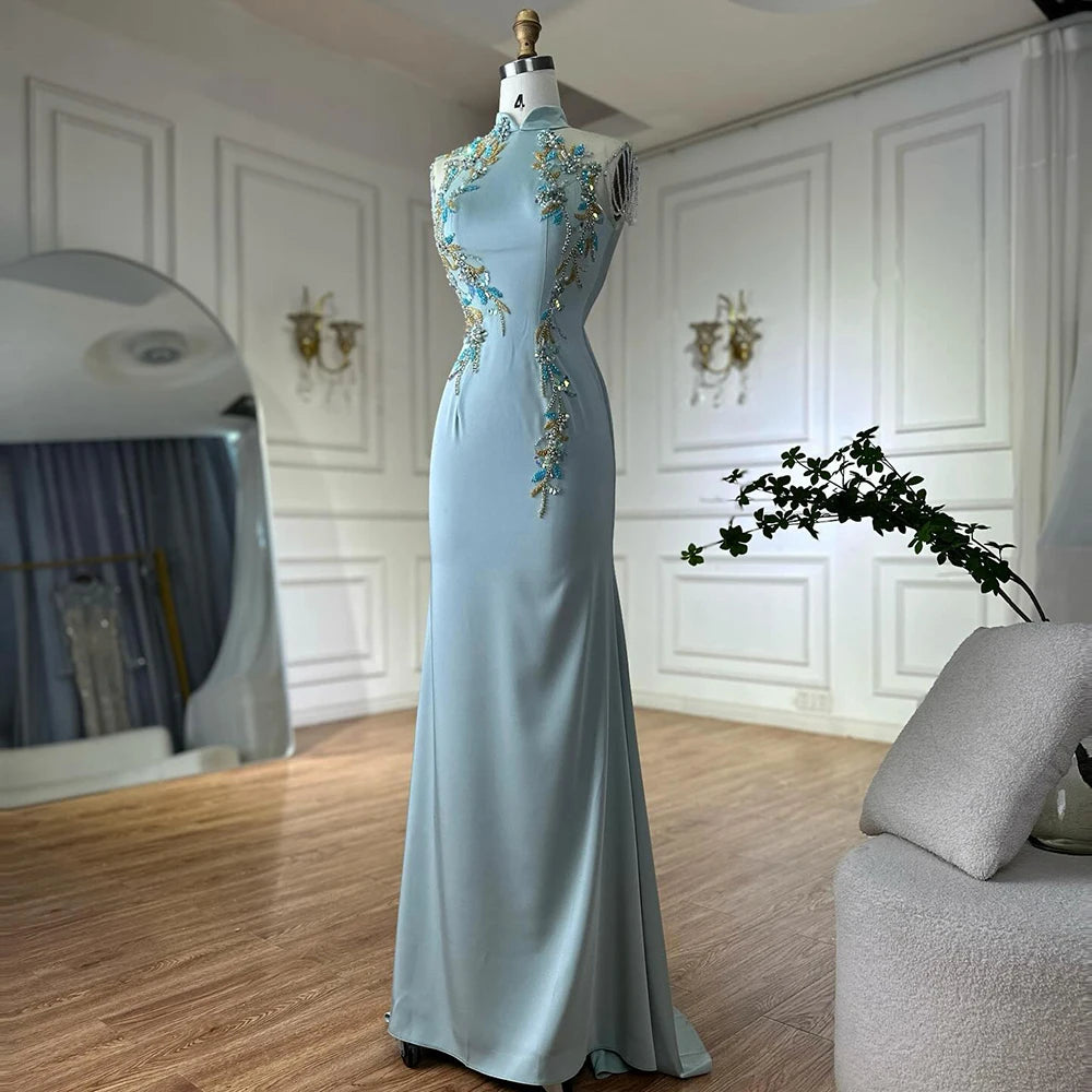 Luxury Dubai Saudi Mint Mermaid Beaded Tassel Satin Evening Dress Gown with for Formal Occasion LA72797B - SERENE HILL