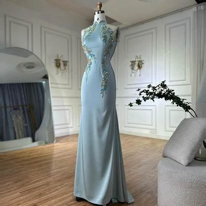 Luxury Dubai Saudi Mint Mermaid Beaded Tassel Satin Evening Dress Gown with for Formal Occasion LA72797B - SERENE HILL