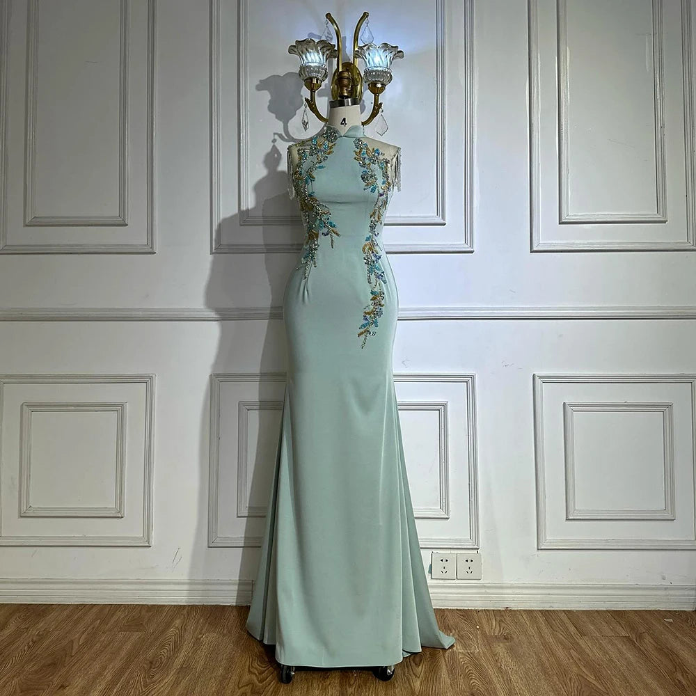 Luxury Dubai Saudi Mint Mermaid Beaded Tassel Satin Evening Dress Gown with for Formal Occasion LA72797B - SERENE HILL