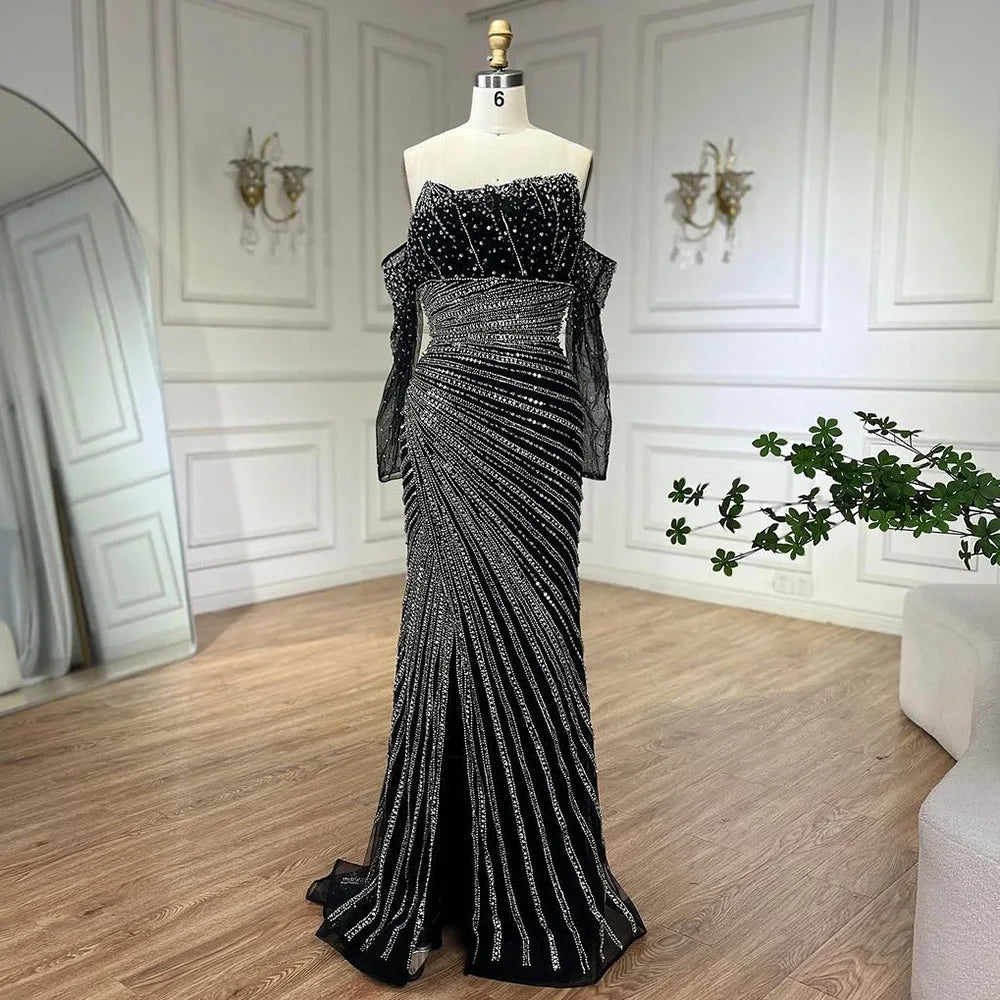 Serene Hill Arabia Black Elegant Split Mermaid Beaded Evening Dresses Gowns for Women Wedding Party 2025 LA72514 - SERENE HILL