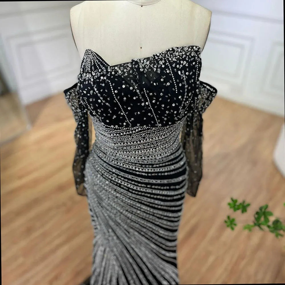 Serene Hill Arabia Black Elegant Split Mermaid Beaded Evening Dresses Gowns for Women Wedding Party 2025 LA72514 - SERENE HILL