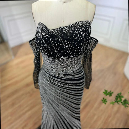 Serene Hill Arabia Black Elegant Split Mermaid Beaded Evening Dresses Gowns for Women Wedding Party 2025 LA72514 - SERENE HILL