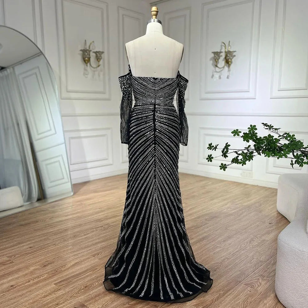 Serene Hill Arabia Black Elegant Split Mermaid Beaded Evening Dresses Gowns for Women Wedding Party 2025 LA72514 - SERENE HILL