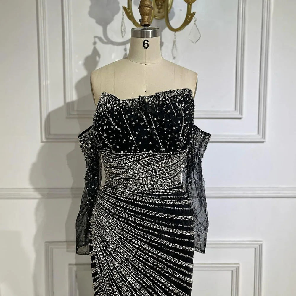Serene Hill Arabia Black Elegant Split Mermaid Beaded Evening Dresses Gowns for Women Wedding Party 2025 LA72514 - SERENE HILL