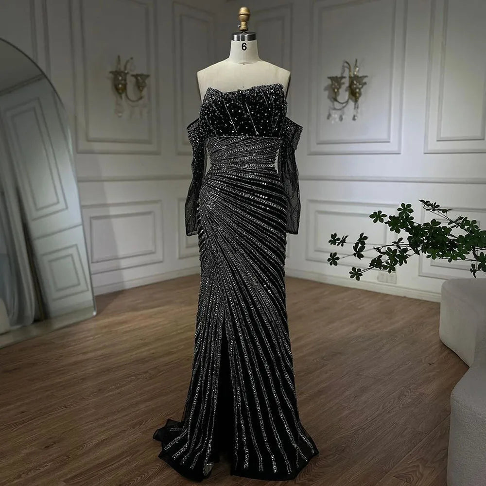 Serene Hill Arabia Black Elegant Split Mermaid Beaded Evening Dresses Gowns for Women Wedding Party 2025 LA72514 - SERENE HILL