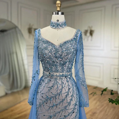 Luxury Beaded Mermaid Blue Evening Dress with Overskirt LA71653E - SERENE HILL