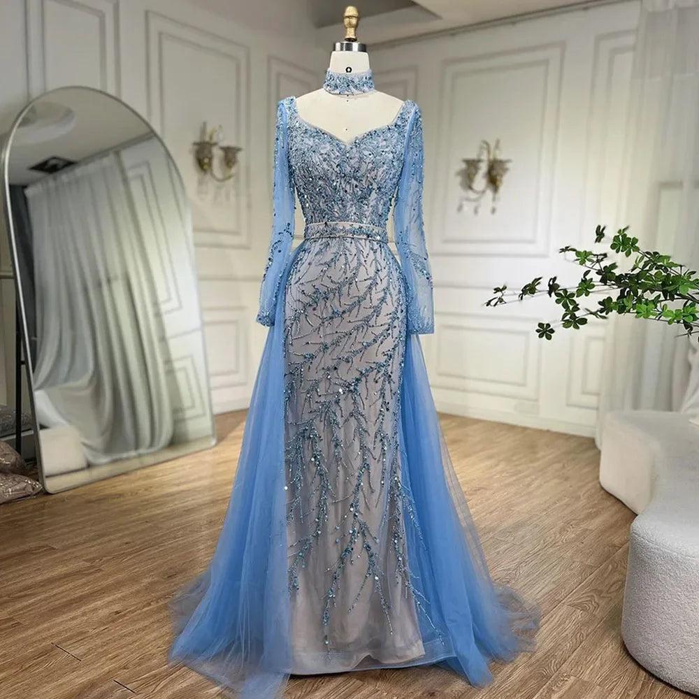 Luxury Beaded Mermaid Blue Evening Dress with Overskirt LA71653E - SERENE HILL
