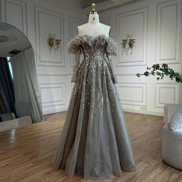 Serene Hill Arabia Caramel A-Line Elegant Feather Feather Sparkle Dresses Vronses for Woman Wedding Party 2025 LA71328A