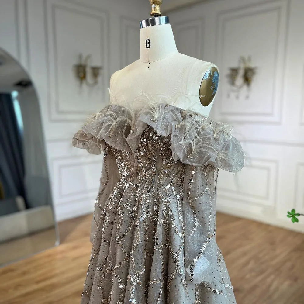 Luxury Caramel Beaded Feather A-Line Sparkle Evening Dress LA71328A - SERENE HILL