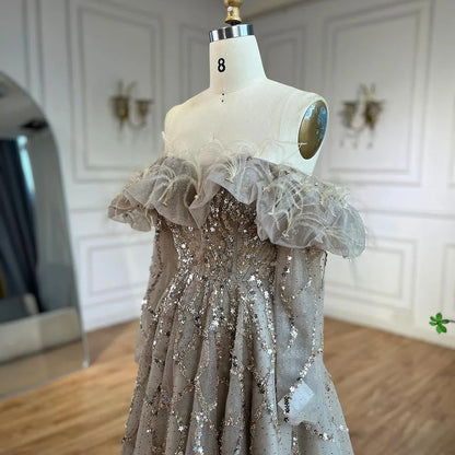 Luxury Caramel Beaded Feather A-Line Sparkle Evening Dress LA71328A - SERENE HILL