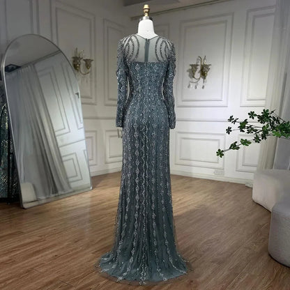 Luxury Sage Green Dubai Evening Dresses Mermaid Muslim Long Sleeves LA72292 - SERENE HILL