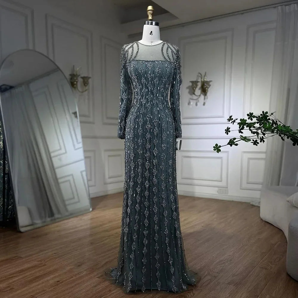 Luxury Sage Green Dubai Evening Dresses Mermaid Muslim Long Sleeves LA72292 - SERENE HILL