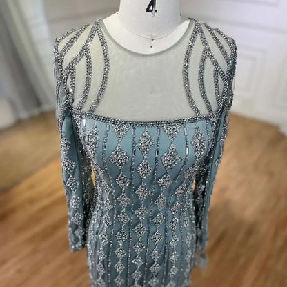 Luxury Sage Green Dubai Evening Dresses Mermaid Muslim Long Sleeves LA72292 - SERENE HILL