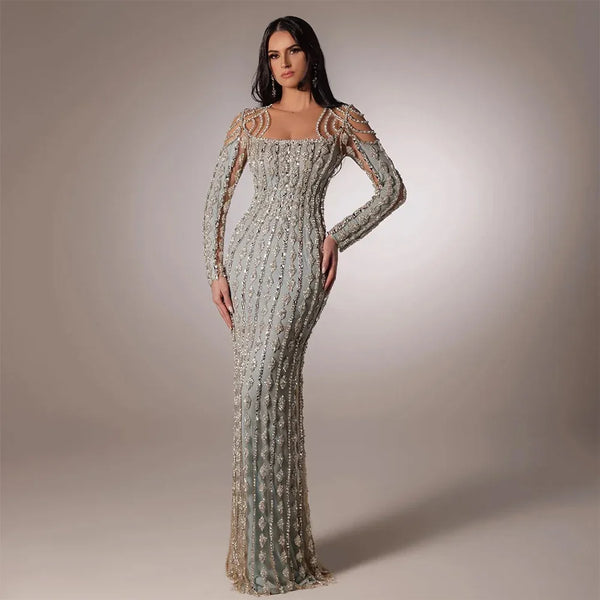 Luxury Sage Green Dubai Evening Dresses Mermaid Muslim Long Sleeves LA72292