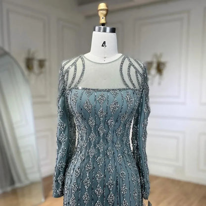 Luxury Sage Green Dubai Evening Dresses Mermaid Muslim Long Sleeves LA72292 - SERENE HILL