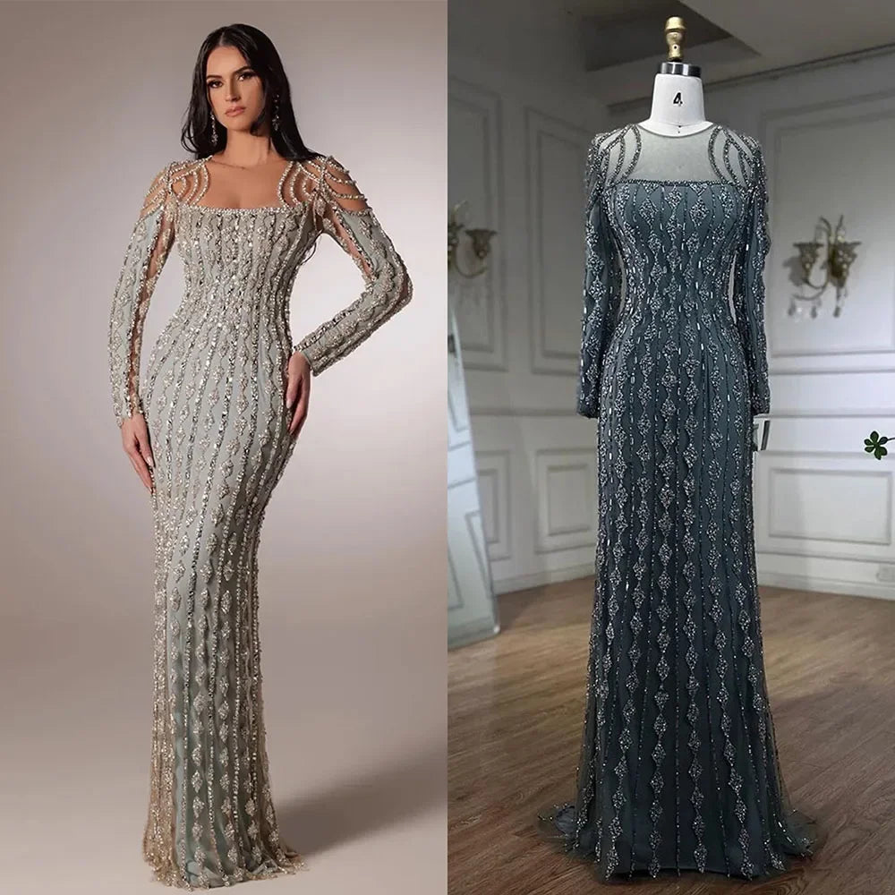 Luxury Sage Green Dubai Evening Dresses Mermaid Muslim Long Sleeves LA72292 - SERENE HILL