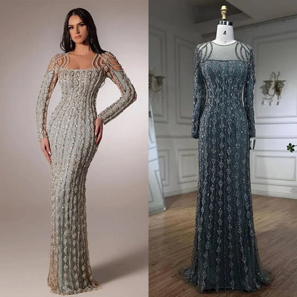 Luxury Sage Green Dubai Evening Dresses Mermaid Muslim Long Sleeves LA72292 - SERENE HILL