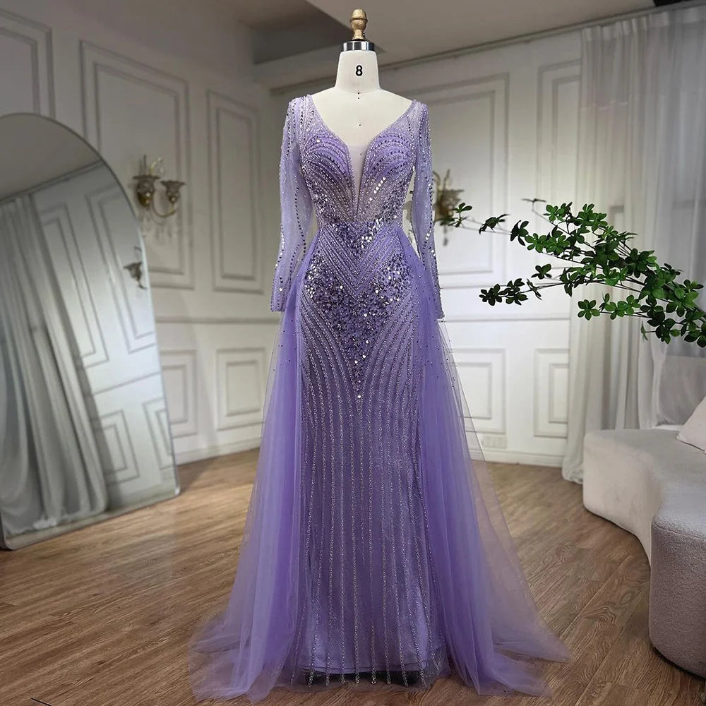 Serene Hill Arabia Lilac Elegant With Overskirt Luxury Beaded Mermaid Evening Dresses Gowns For Women Wedding Party 2025 LA72297 - SERENE HILL