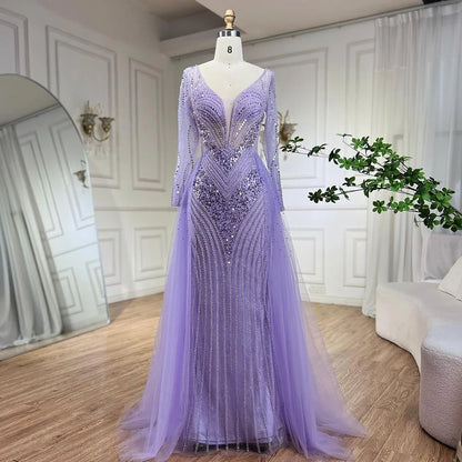 Serene Hill Arabia Lilac Elegant With Overskirt Luxury Beaded Mermaid Evening Dresses Gowns For Women Wedding Party 2025 LA72297 - SERENE HILL
