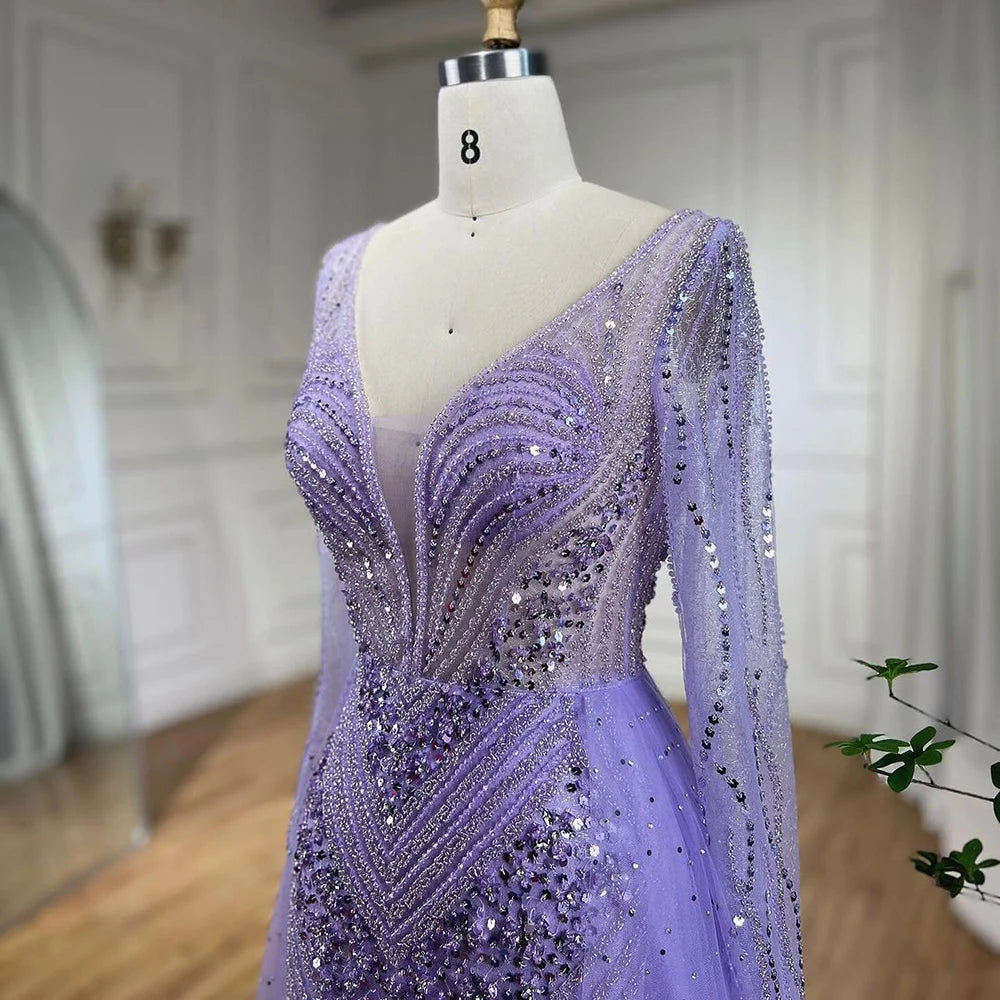 Serene Hill Arabia Lilac Elegant With Overskirt Luxury Beaded Mermaid Evening Dresses Gowns For Women Wedding Party 2025 LA72297 - SERENE HILL