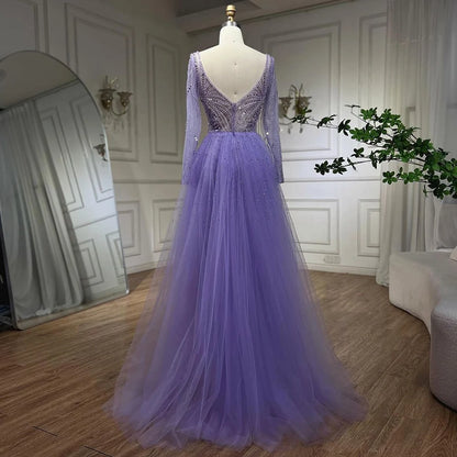 Serene Hill Arabia Lilac Elegant With Overskirt Luxury Beaded Mermaid Evening Dresses Gowns For Women Wedding Party 2025 LA72297 - SERENE HILL