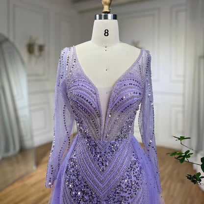 Serene Hill Arabia Lilac Elegant With Overskirt Luxury Beaded Mermaid Evening Dresses Gowns For Women Wedding Party 2025 LA72297 - SERENE HILL