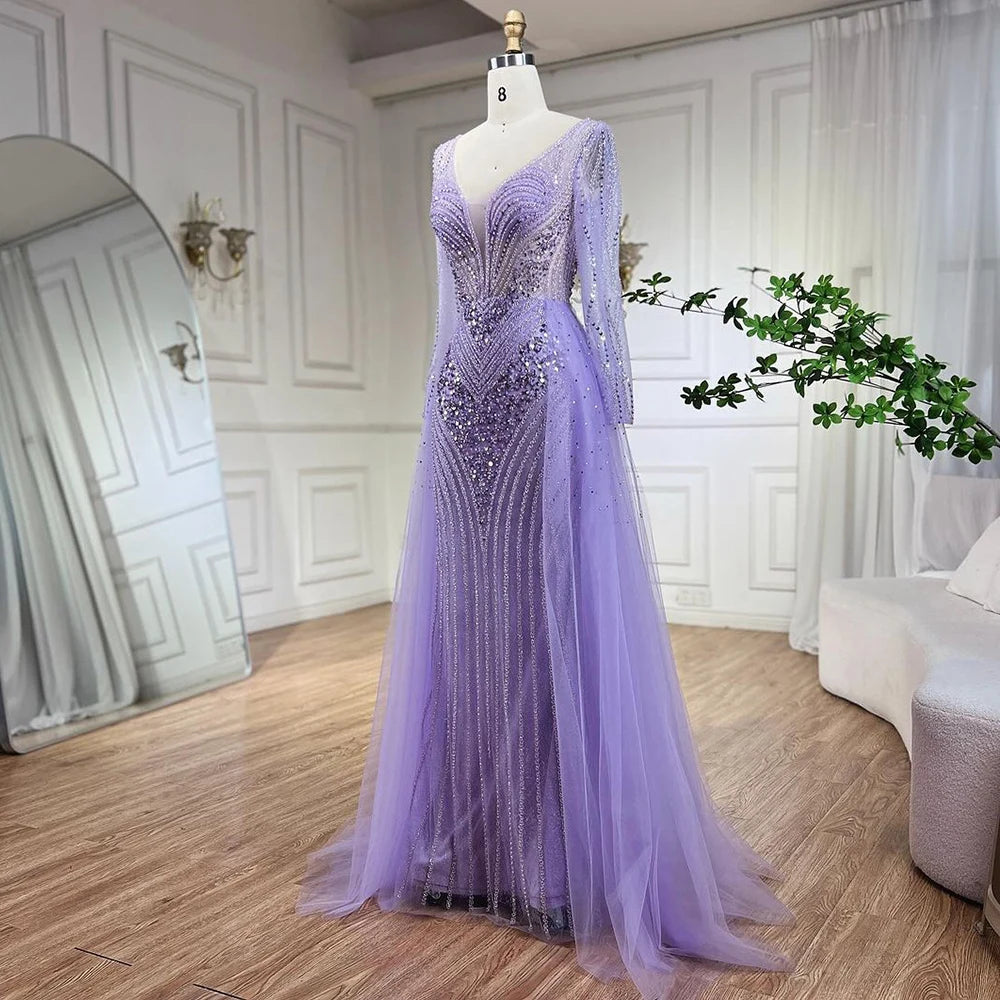 Serene Hill Arabia Lilac Elegant With Overskirt Luxury Beaded Mermaid Evening Dresses Gowns For Women Wedding Party 2025 LA72297 - SERENE HILL