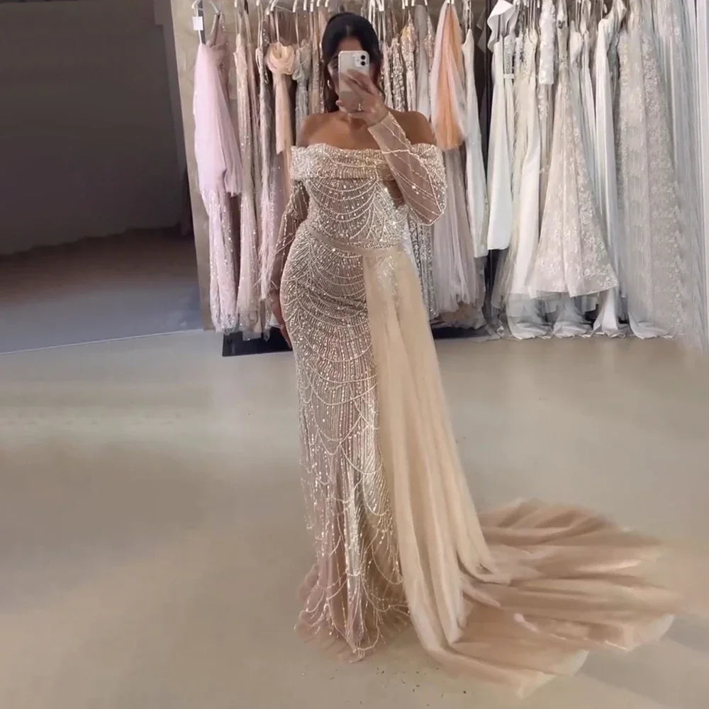 Off Shoulder Light Blue Mermaid Evening Dress with Detachable Overskirt Dubai LA72254 - SERENE HILL