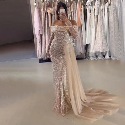 Off Shoulder Light Blue Mermaid Evening Dress with Detachable Overskirt Dubai LA72254 - SERENE HILL