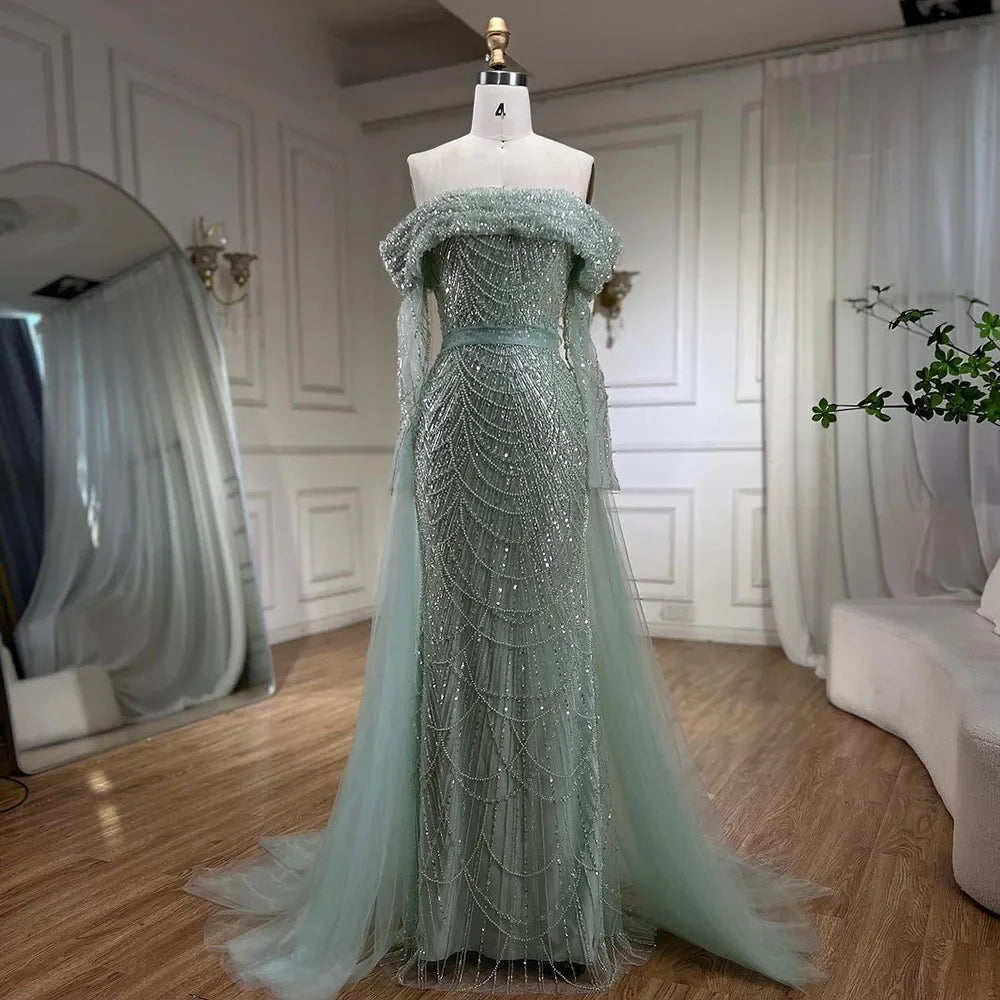 Off Shoulder Light Blue Mermaid Evening Dress with Detachable Overskirt Dubai LA72254 - SERENE HILL