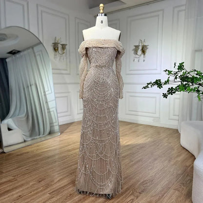 Off Shoulder Light Blue Mermaid Evening Dress with Detachable Overskirt Dubai LA72254 - SERENE HILL