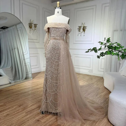 Off Shoulder Light Blue Mermaid Evening Dress with Detachable Overskirt Dubai LA72254 - SERENE HILL